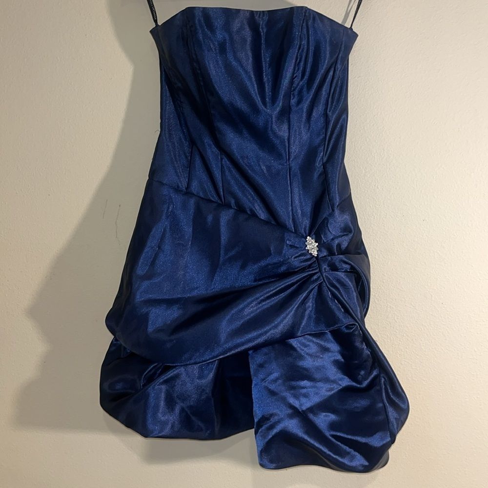 VTG  80s Jessica McClintock Satin Blue Strapless Bubble Mini Dress Sz 5